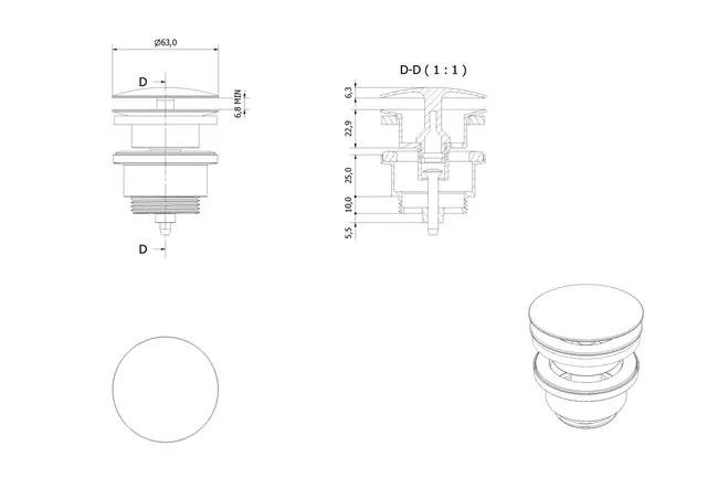 Bunnventil servant uten lukking Ø63mm G1 1/4 gull 