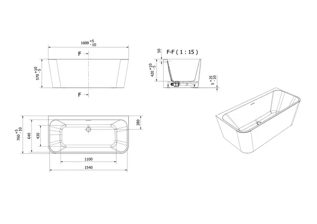 Badekar DYBE RETT 160 160x75x57cm sort matt 