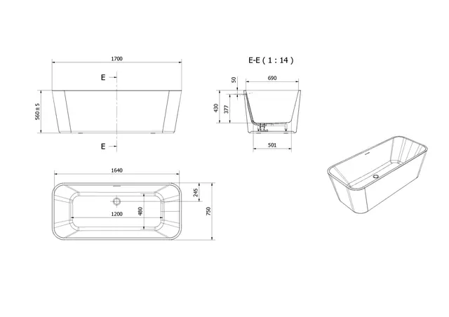 Badekar DYBE 170 170x75x56cm hvit 
