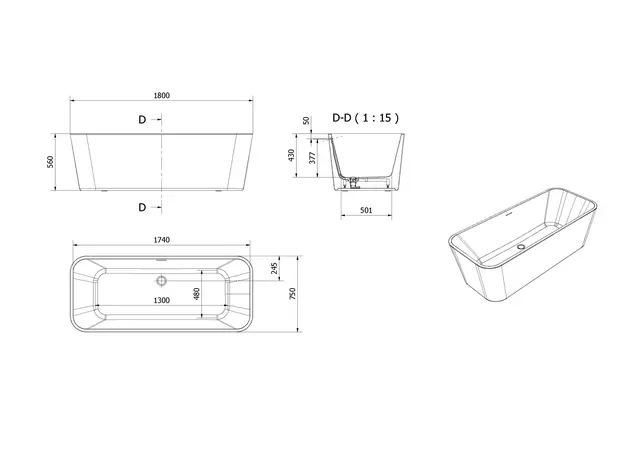 Badekar DYBE 180 180x75x56cm hvit 