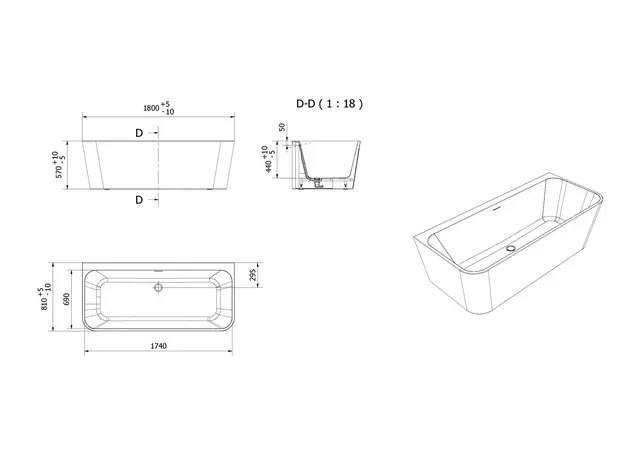 Badekar DYBE RETT 180 180x81x56cm hvit matt 