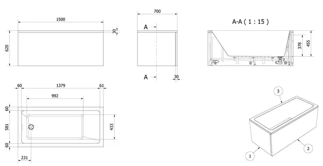 Badekar KVADRAT 150 150x70x62cm hvit 