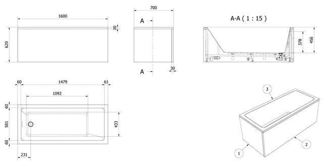 Badekar KVADRAT 160 160x70x62cm hvit 