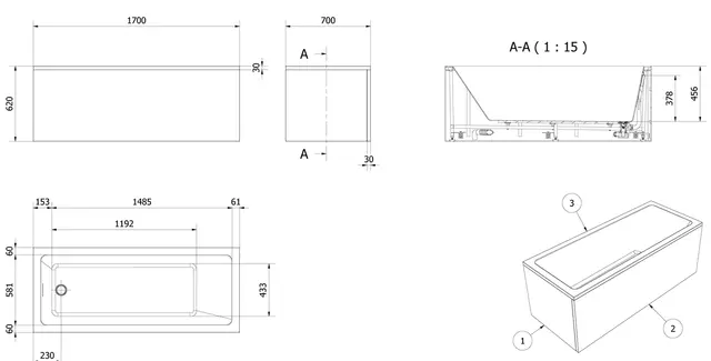 Badekar KVADRAT 170 170x70x62cm hvit 