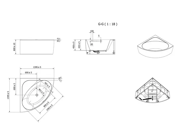 Badekar MOI 140x140 140x140x60cm hvit 