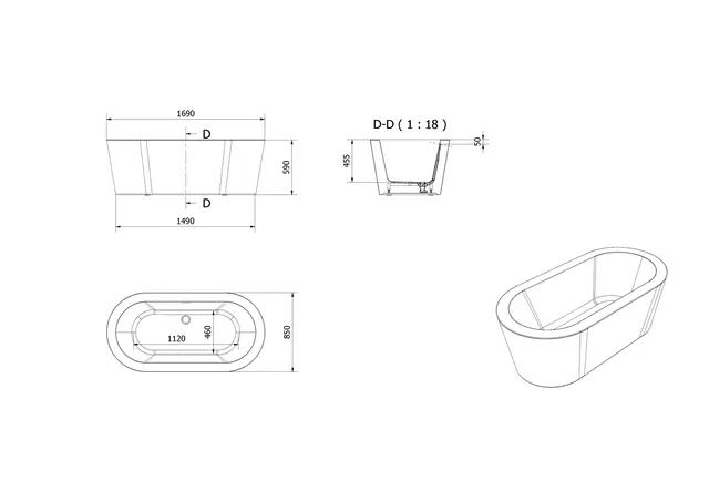 Badekar RAND 170 170x85x60cm hvit 