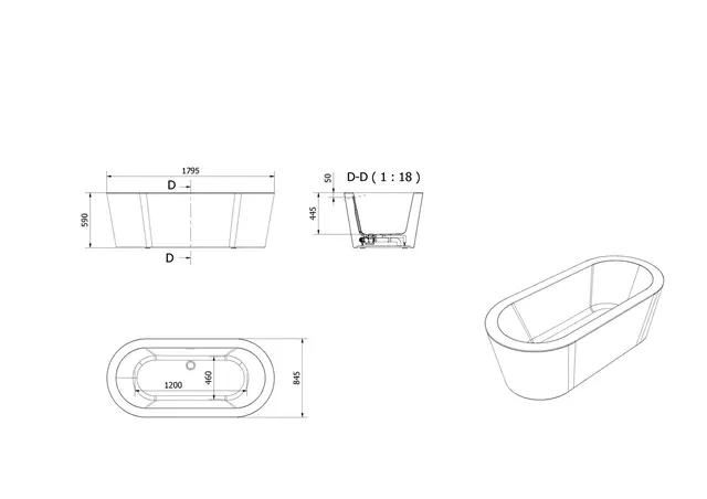 Badekar RAND 180 180x85x60cm hvit 