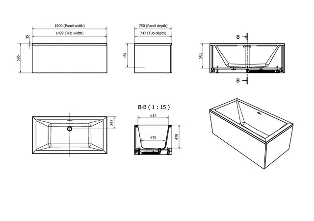 Badekarpakke med panel TEMSE 150 150x75x60cm (front&ende) hvit 
