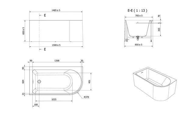 Badekar VESSØY 150 V 150x80x60cm venstre hvit 