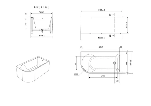 Badekar VESSØY 150 H 150x80x60cm høyre hvit 