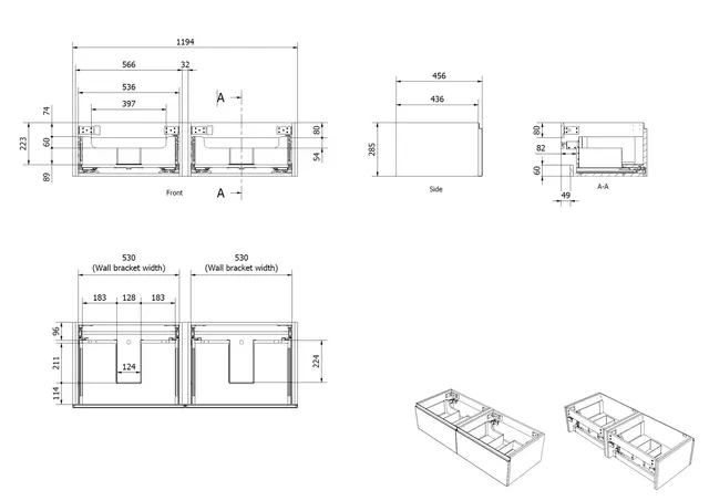 Servantskap bølge MIE DEMI 120 120x46x29cm sort eik finer servant x2 