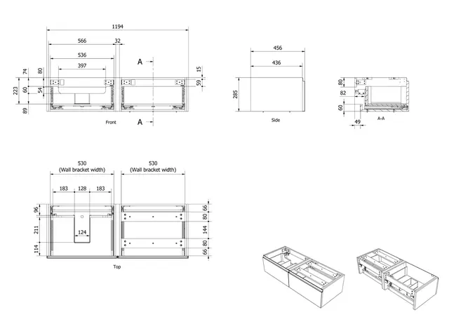 Servantskap bølge MIE DEMI 120 120x46x29cm sort eik finer servant x1 