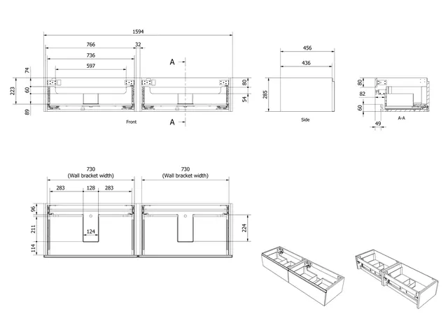 Servantskap bølge MIE DEMI 160 160x46x29cm eik finer servant x2 