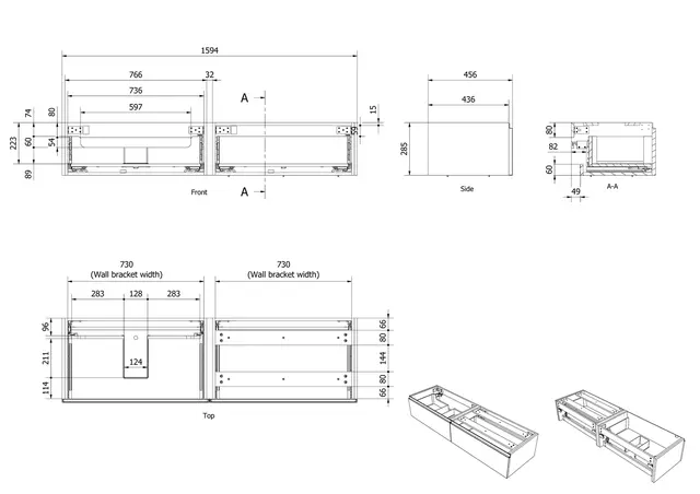 Servantskap bølge MIE DEMI 160 160x46x29cm eik finer servant x1 