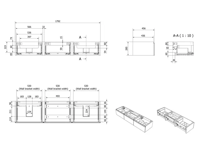 Servantskap fingergrep MIE DEMI 180 3x60 180x46x29cm sort eik servant x2 