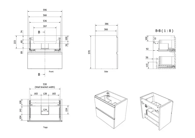 Servantskap bølge MIE 60 slim 60x39x57cm sort eik finer 