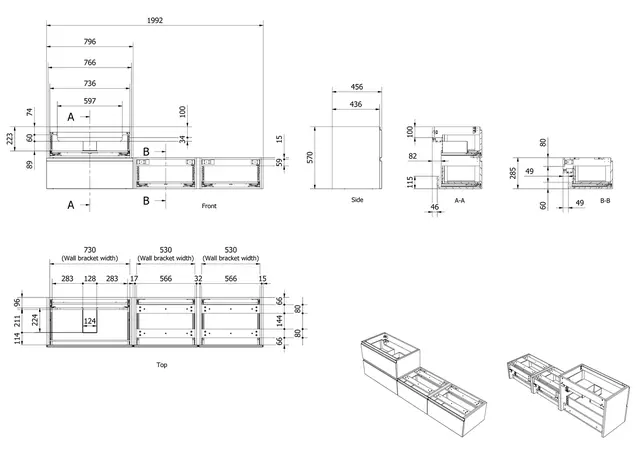Servantskap slett MIE SMART 200 200x46x57cm sort eik servant x1 