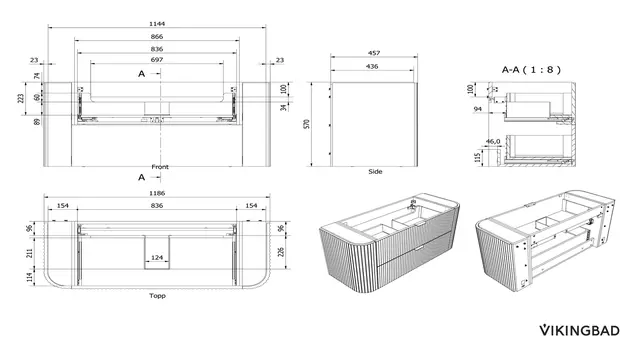 Servantskap buet MIE 120 120x46x57cm bølge valnøtt finér 