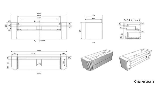 Servantskap buet MIE 150 150x46x57cm bølge valnøtt finér 