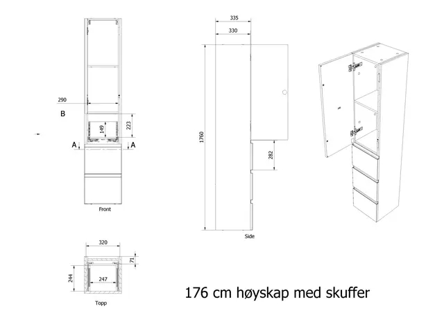 Høyskap fingergrep MIE 176 3S 176x35x35cm hvit matt lakk 