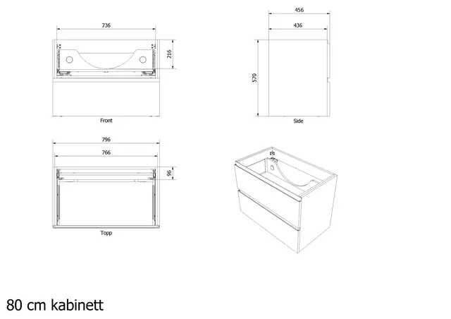 Servantskap fingergrep MIE 80 80x46x57cm sort eik pvc 