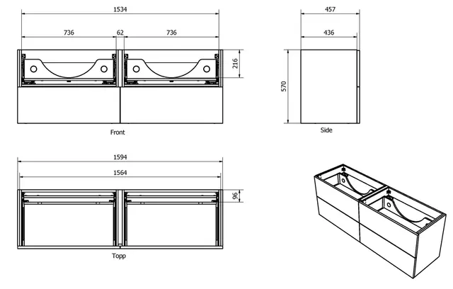Servantskap slett MIE 160dbl 160x46x57cm lys eik pvc 