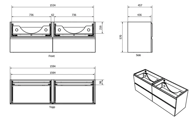 Servantskap fingergrep MIE 160dbl 160x46x57cm sort eik pvc 