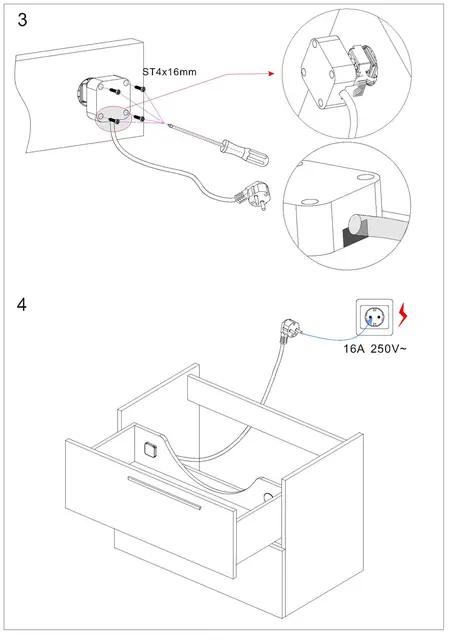 Stikkontakt servantskap skuff sort med ledning 