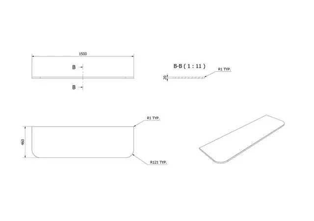 Benkeplate solid surface avrundet 150 150x46cm hvit matt 
