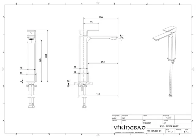 Servantbatteri ASK høyt børstet roségull 