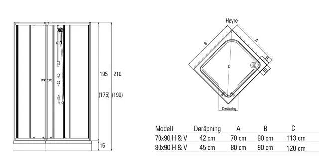 Dusjkabinett KIEV standard 70x90 70x90x210cm høyre hvit/klar 