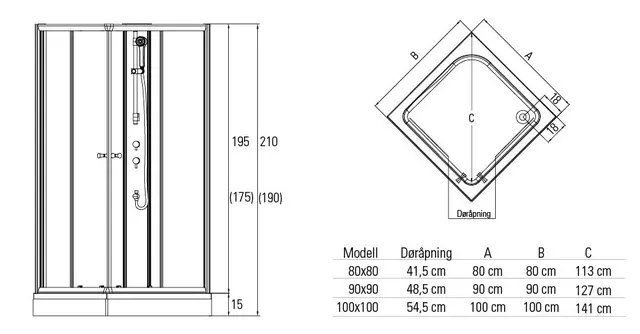 Dusjkabinett KIEV standard 80x80 80x80x210cm hvit/klar 