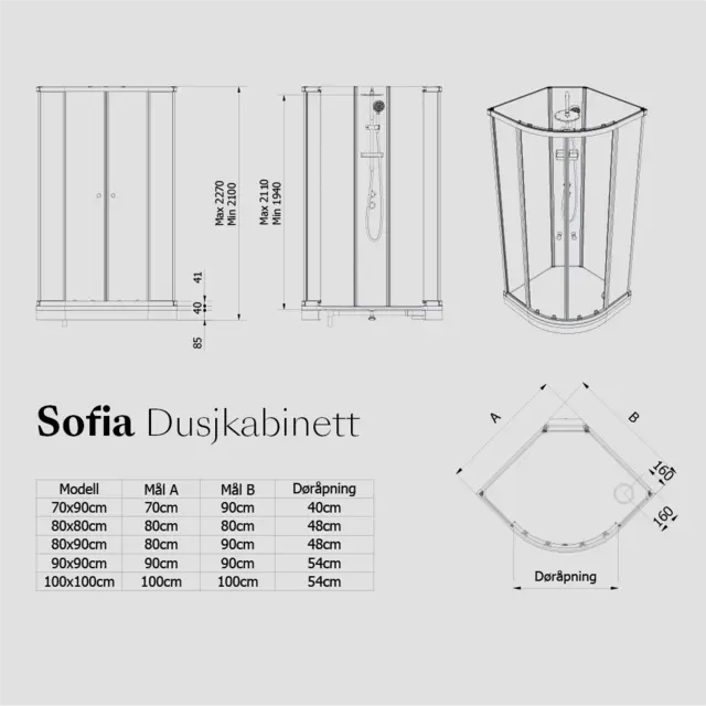 Dusjkabinett SOFIA standard 90x90 90x90x210cm hvit/klar støpemarmor 