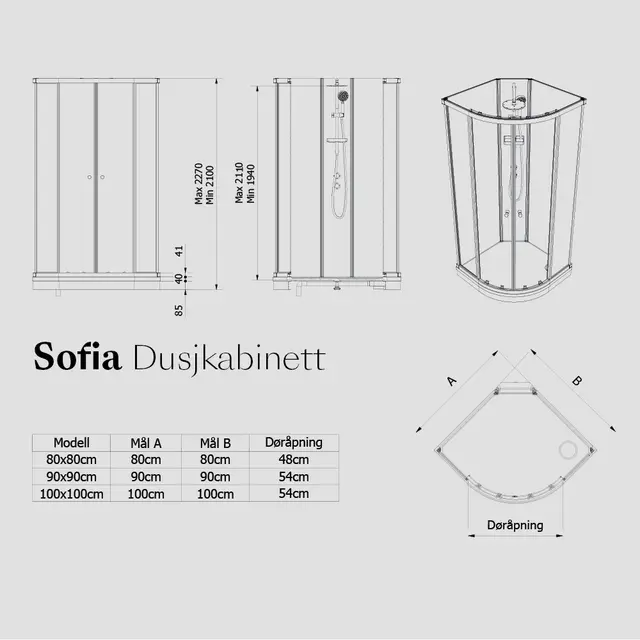 Dusjkabinett SOFIA basic 100x100 100x100x210cm hvit/klar støpemarmor 