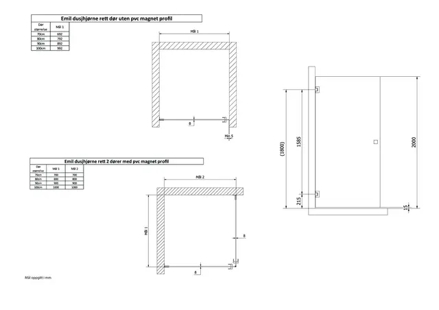 Dusjhjørne rett EMIL 80x100 80x100x200cm klart glass børst.rosègull 