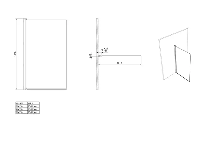 Badekarsvegg LIAM 70 70x150cm sort matt/klar 