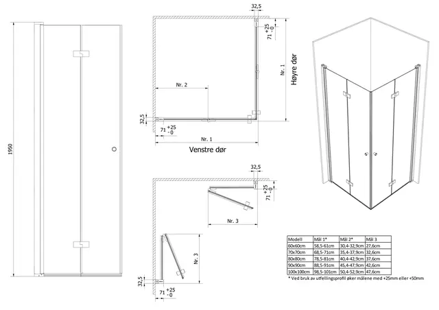 Dusjhjørne leddet LIAM 90x90 90x90x195cm sølv/klar 