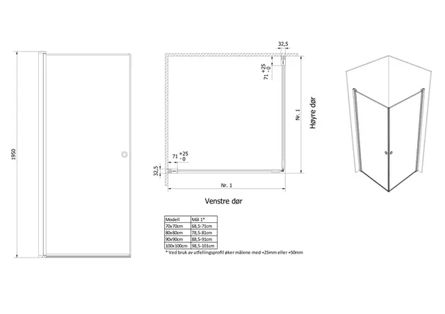 Dusjhjørne rett laminert LIAM 100x100 100x100x195cm sort matt/klar 