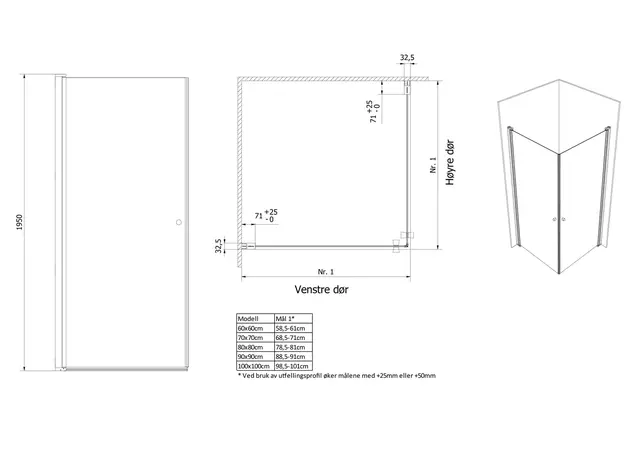 Dusjhjørne rett LIAM 90x90 90x90x195cm sort matt/klar 