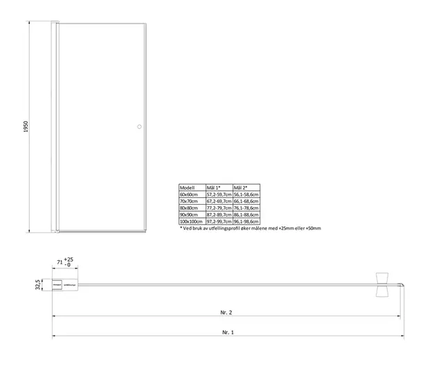 Dusjdør rett LIAM 95 95x195cm sort matt/klar 