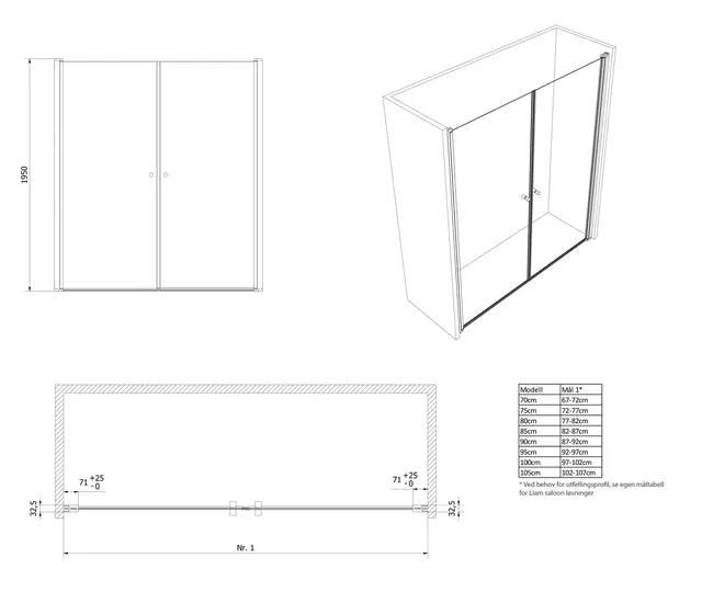 Dusjnisje saloondører LIAM 90 90x195cm sort matt/klar 