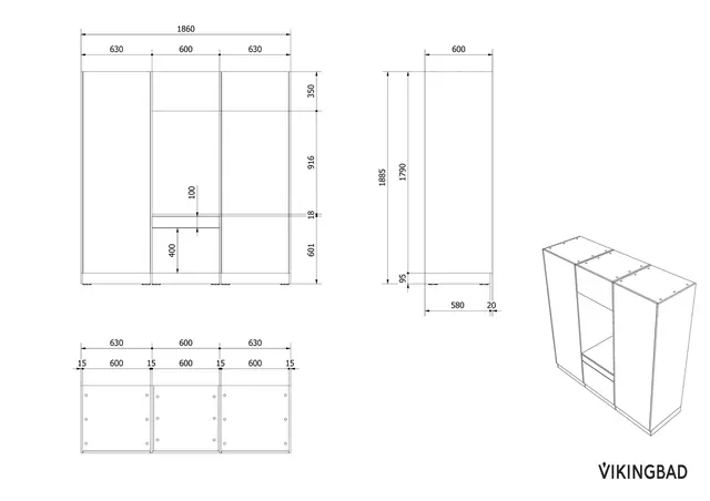 Høyskap x2 og enkel vaskemaskinmodul FAY Hvit matt 