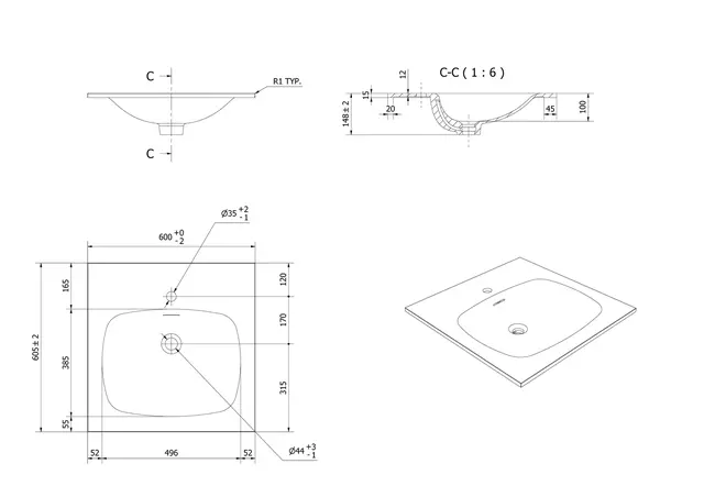 Servant ANE 60 60x60x14,7cm støpemarmor hvit matt 