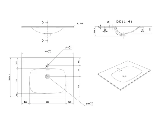 Servant ANE 80 80x60x14,7cm støpemarmor hvit matt 