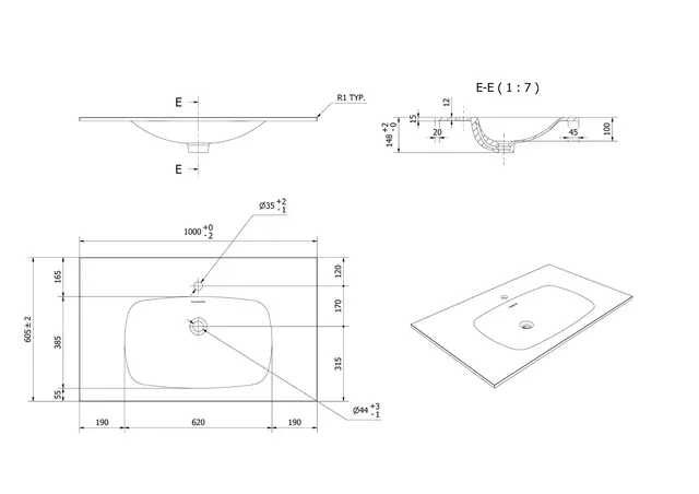 Servant ANE 100 100x60x14,7cm støpemarmor hvit matt 