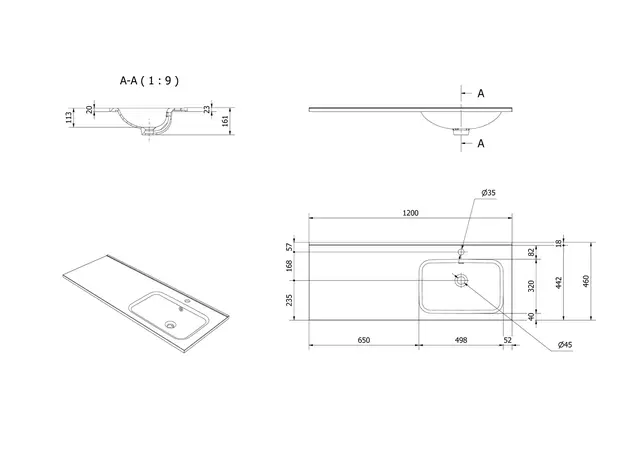 Servant INA 120 thin enkel H 120x46x2cm høyre støpemarmor hvit 