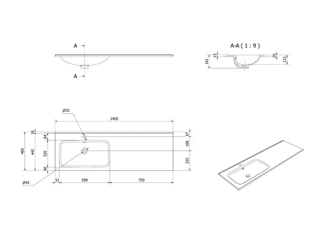 Servant INA 140 thin enkel V 140x46x2cm venstre støpemarmor hvit 