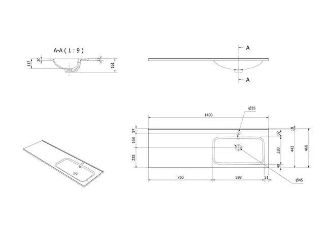 Servant INA 140 thin enkel H 140x46x2cm høyre støpemarmor hvit 