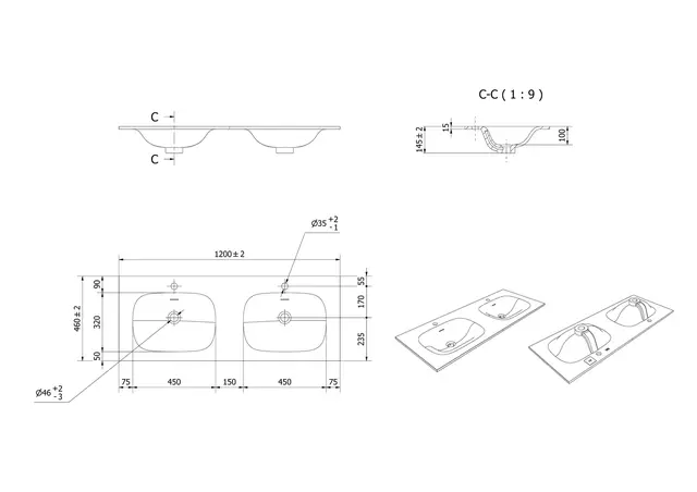 Servant NEA 120dbl 120x46x1,5cm solid surface hvit matt 
