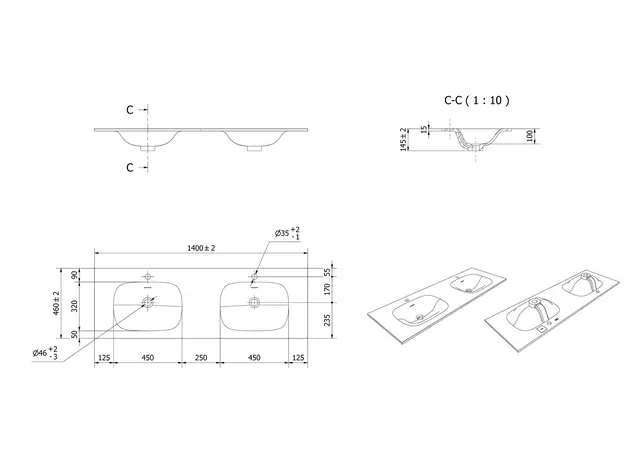 Servant NEA 140dbl 140x46x1,5cm solid surface hvit matt 